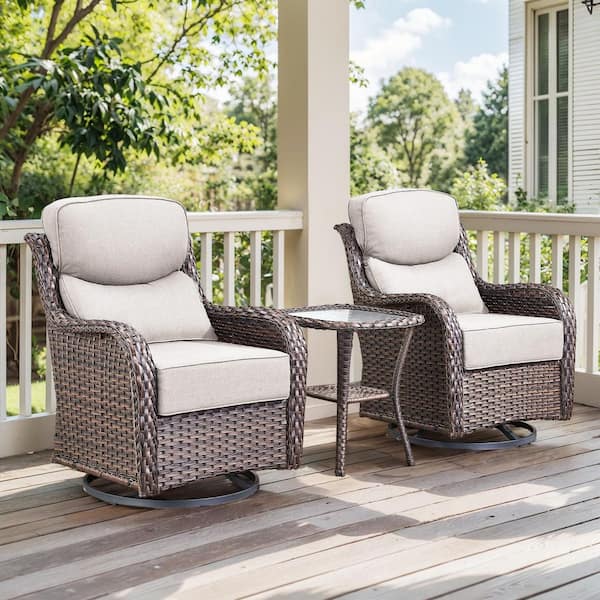 Luxurious Brown Swivel Glider Wicker Patio Conversation Set with Beige Olefin 6 In. Thick Cushions/Side Table (3-Piece)