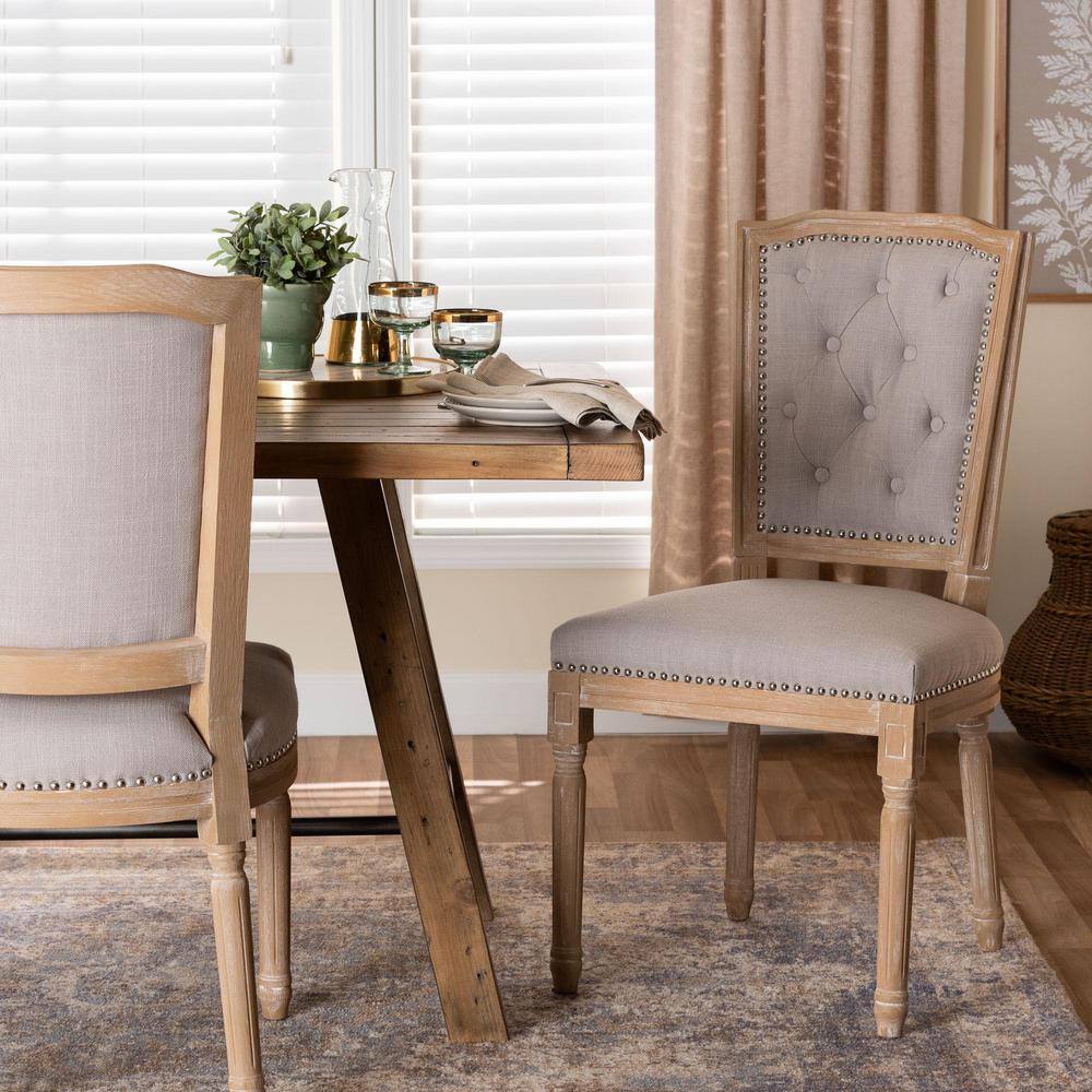 Estelle Weathered Oak and Beige Linen Upholstered Parsons Side Chair