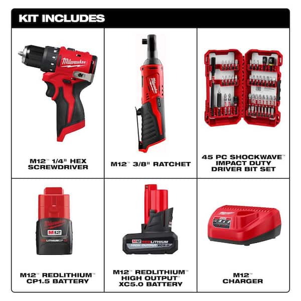 M12 12V Lithium-Ion Cordless 3/8 in. Ratchet and Screwdriver Combo Kit (2-Tool) with Battery, Bit Set, Charger, Tool Bag