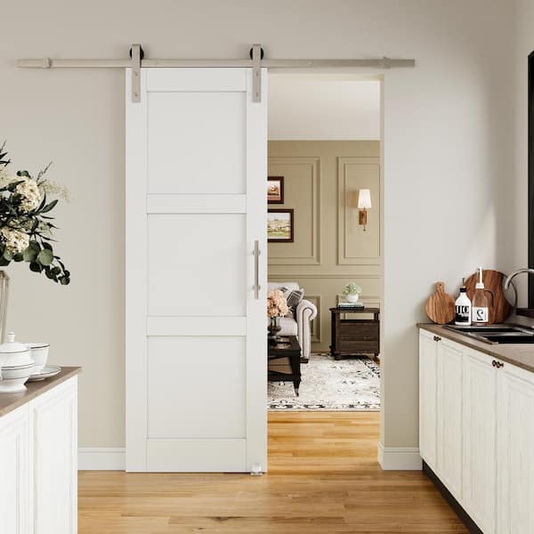 ARK DESIGN 28 in. x 80 in. White Primed 3-Lite Pattern Paneled MDF Sliding Barn Door with Hardware Kit Nickel Plated