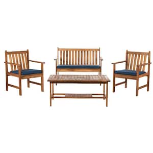 Burbank Natural Brown 4-Piece Wood Patio Conversation Set with Navy Cushions