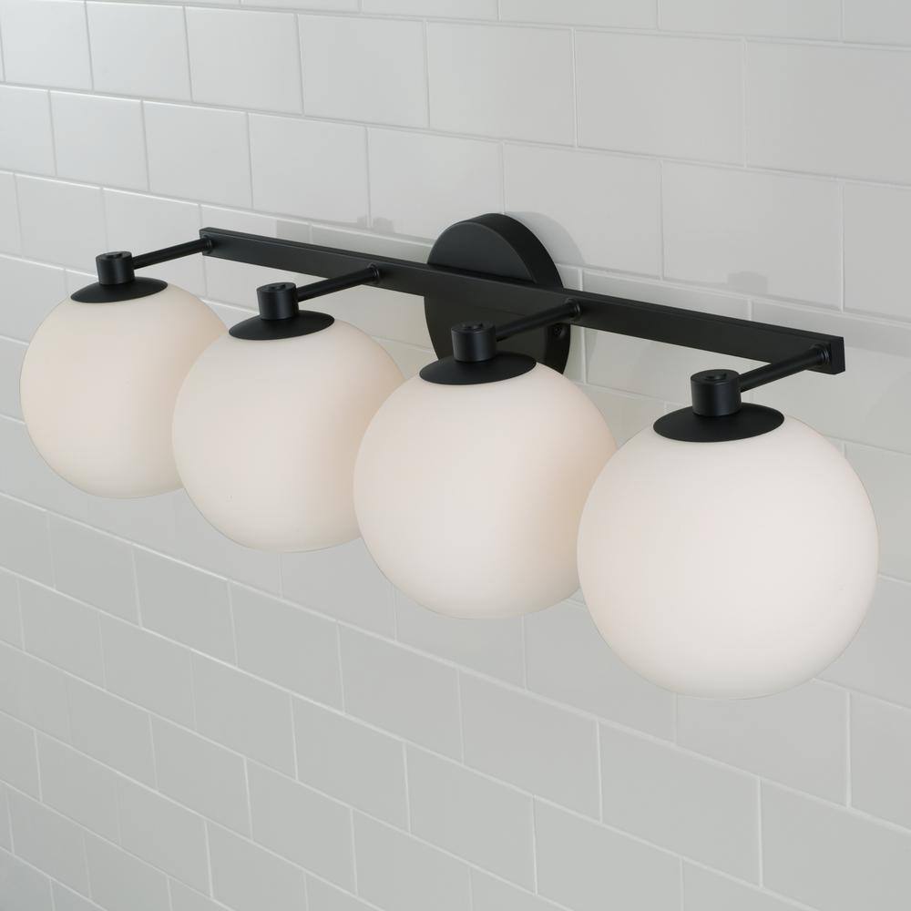 Matte Black 4-Light Vanity with Soft White Glass Globes