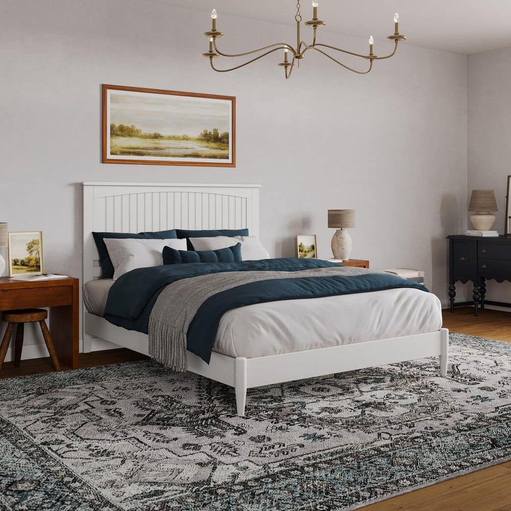 Naples White Queen Wood Low Profile Platform Bed with Slats