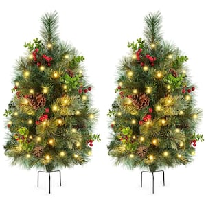 Set of 2 Pre-lit Outdoor Pathway Christmas Trees with LED Lights for Driveway Yard Garden