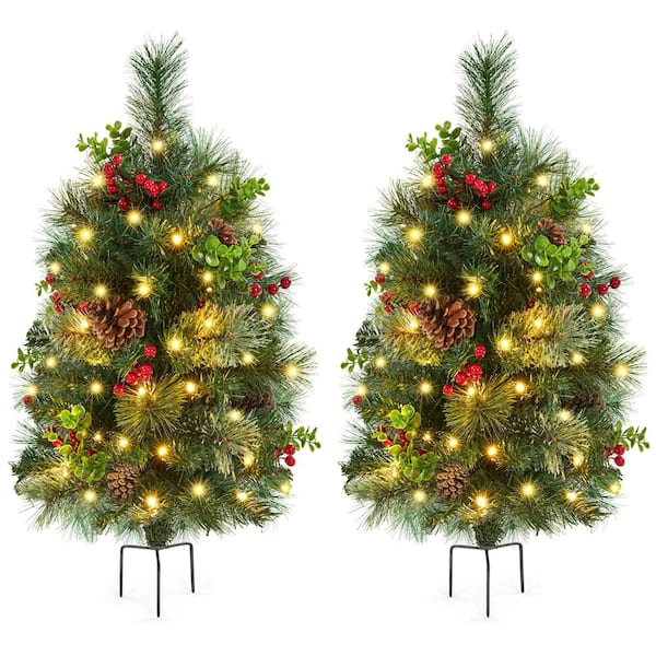 Yaheetech Set of 2 Pre-lit Outdoor Pathway Christmas Trees with LED Lights for Driveway Yard Garden