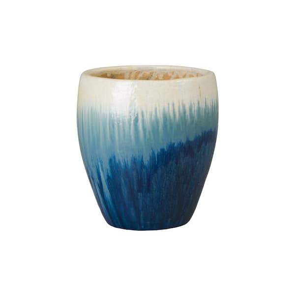 Emissary 14 in. L x 16 in. H Blue Snow Ceramic Round Planter with High-fire treatment
