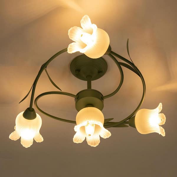 OUKANING 4-Light Green Modern Rounded Floral Semi-Flush Mount