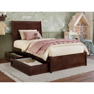 Casanova Walnut Brown Solid Wood Frame Twin Platform Bed with Panel Footboard and Storage Drawers