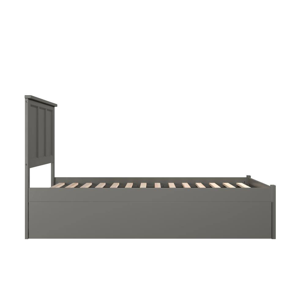 Grey Full Platform Bed with Wood Headboard and Trundle
