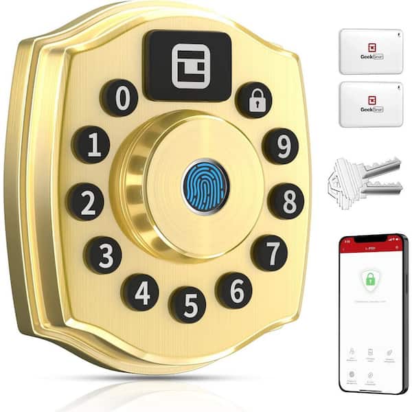 5-in-1 Corded Aluminum Smart Lock Deadbolt with Biometric, Anti-Peep Keypad, App & IC Card Access in Gold, IP65