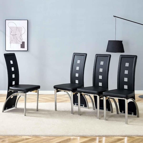 Black/Silver PU Leather Metal Frame Dining Chairs Set of 4