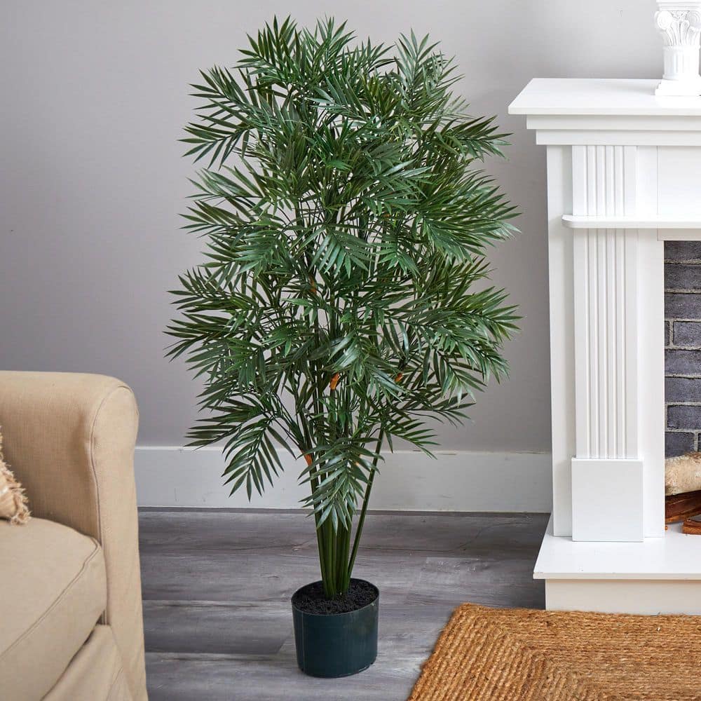 Nearly Natural 4 ft. Green Silk and Plastic Potted Palm Floor Plant