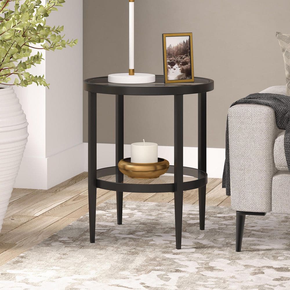 Blackened Bronze Round Metal and Glass Side Table