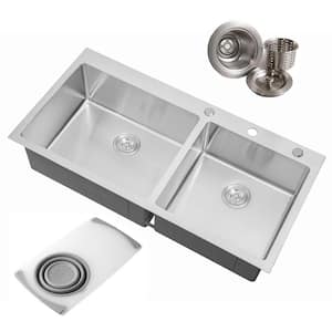 Topmount Drop-In 16G Stainless Steel 42-7/8 in. 60/40 Double Bowl Kitchen Sink in Brushed Stainless Steel Bundle