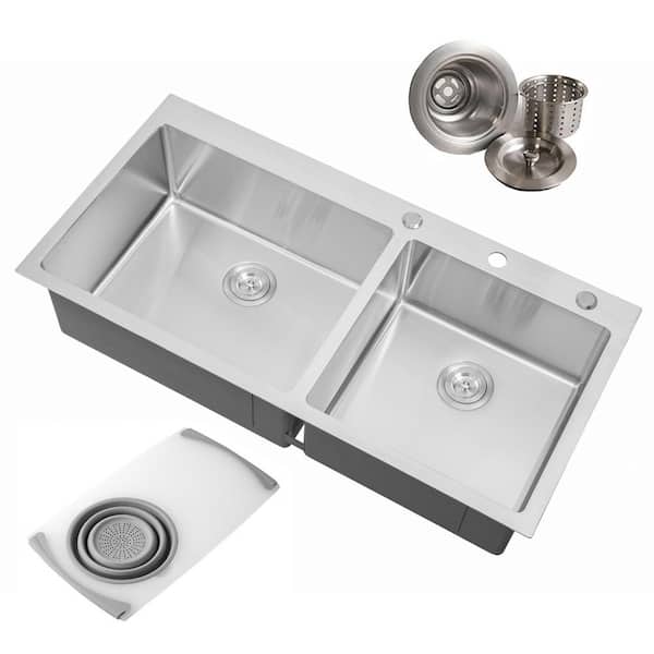 eModernDecor Topmount Drop-In 16G Stainless Steel 42-7/8 in. 60/40 Double Bowl Kitchen Sink in Brushed Stainless Steel Bundle