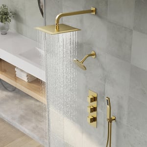 5-Spray Square 12 in. Rain Wall Mount Shower System with 6 in. Shower Head Handheld shower in Brushed Gold 2.5 GPM