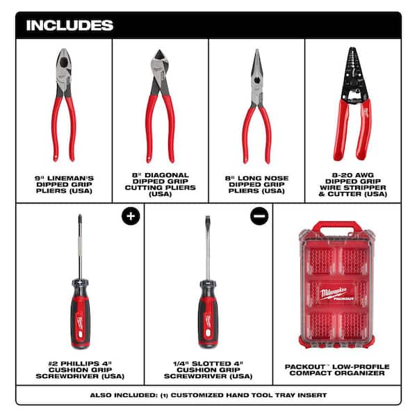 Milwaukee 6 PC Dipped Grip Cutting Pliers, Wire Strippers
