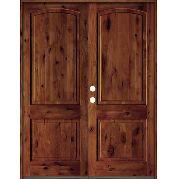 64 in. x 96 in. Rustic Knotty Alder 2-Panel Arch Top Red Chestnut Stain Right-Hand Wood Double Prehung Front Door