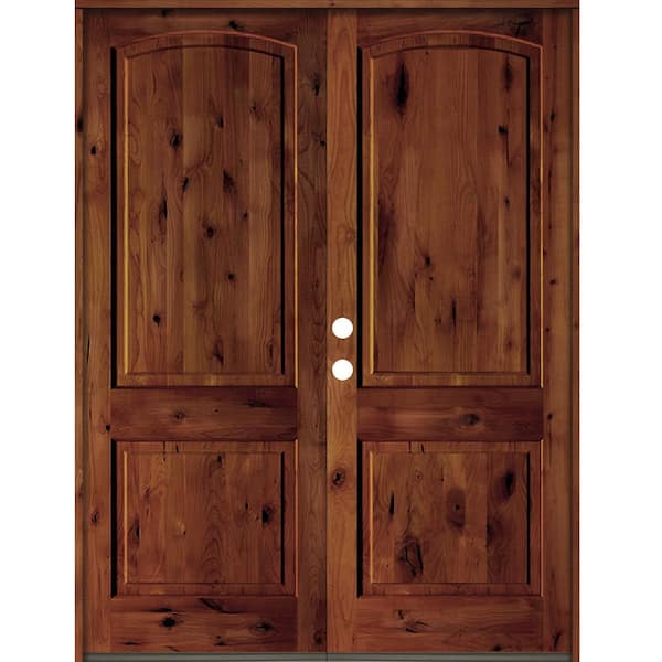 Krosswood Doors 72 in. x 96 in. Rustic Knotty Alder 2-Panel Arch Top Red Chestnut Stain Right-Hand Wood Double Prehung Front Door