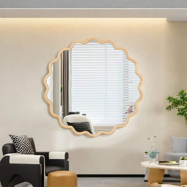 Sarlai 42 in. W x 42 in. H Solid Wood Wavy Round Framed Wall Mount Bathroom Vanity Mirror in Natural Wood