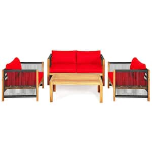 4-Piece Acacia Wood Outdoor Patio Conversation Set with Red Cushion