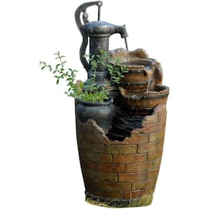 31 in. Outdoor Simulation Brick Block and Wood Pump-Level Fountain, Brown/Black