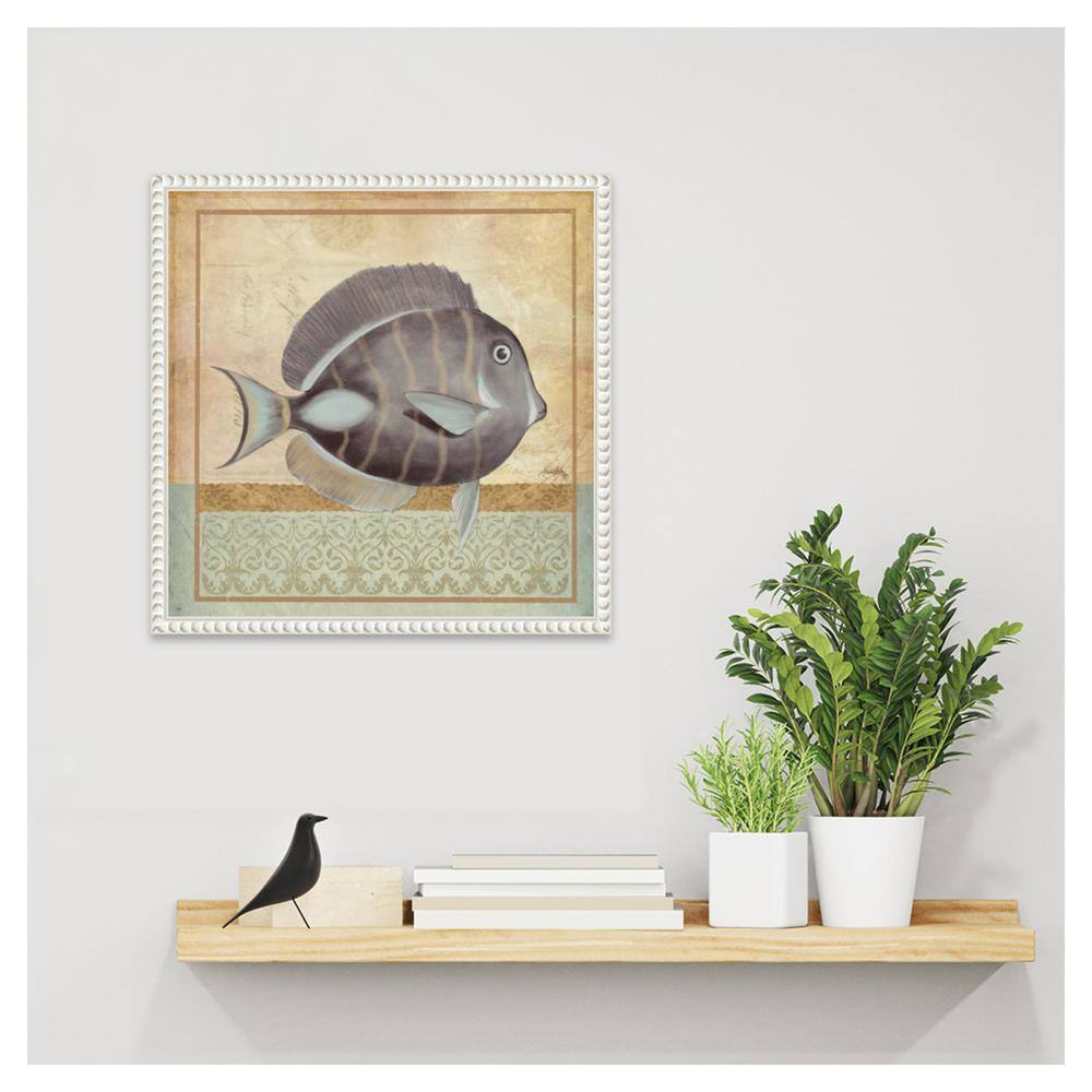 Vintage Fish II Coastal Canvas Wall Art with White Beaded Frame