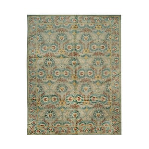 Green Handwoven Wool Transitional Spanish Style Rug, 10' x 14'