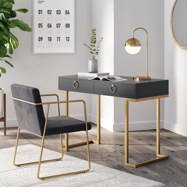 Nathan James Leighton Black 2-Drawer Writing Desk or Vanity with Gold Accent