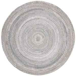 Braided Light Gray 10 ft. x 10 ft. Solid Color Striped Round Area Rug