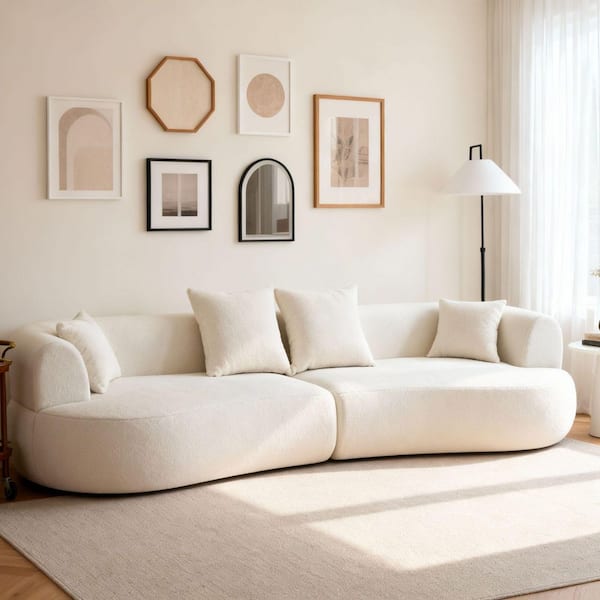 Bracken Modern 122 in. Round Arms Fabric Upholstery Curved Fully Compressed Sectional Sofa in White with Pillows