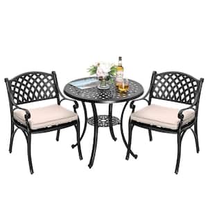 Black 3-Piece Cast Aluminum Outdoor Bistro Dining Set with 2 Chairs, Round Table Set with Beige Cushions