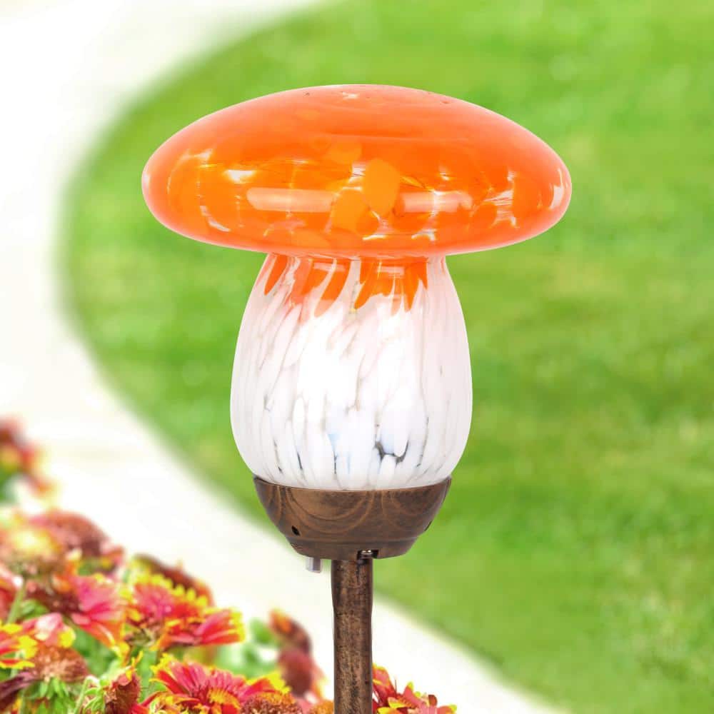 Solar Orange and White Glass Mushroom Garden Stake