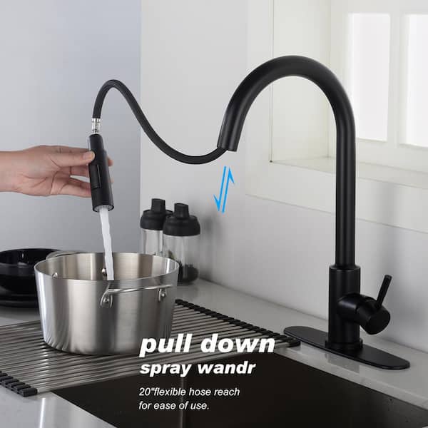 Single Handle Wall Mount Gooseneck Pull Down Sprayer Kitchen Faucet with  Deckplate Included and Handles in Matte Black
