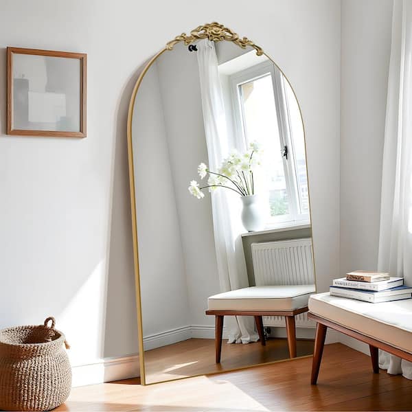 39 in.W x 67 in.H Arch Mirror Gold Removable Carved Design Wood Framed Mirror Full Length Mirror Oversized Floor Mirror