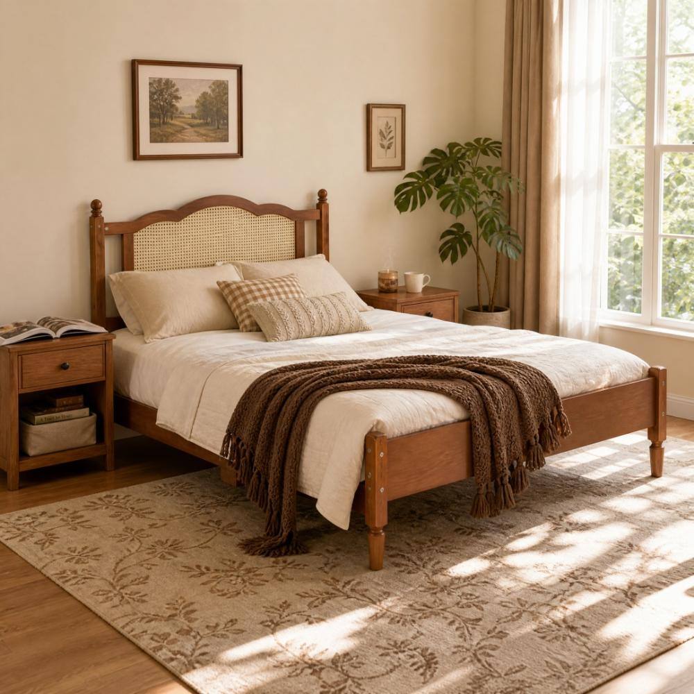 Walnut Full Size Wooden Platform Bed with Natural Rattan Headboard