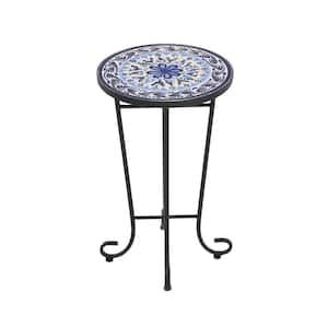 Elevate Outdoor Patio Round Side Table, Ceramic Tile, Iron, Black + Blue