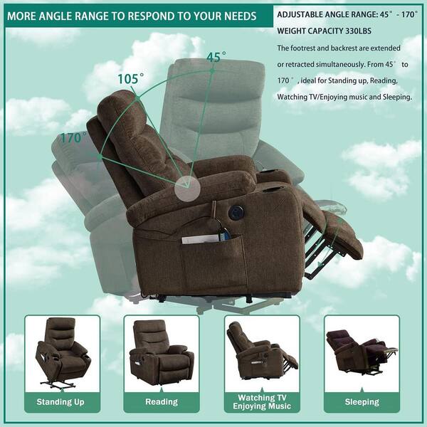 Unbranded - Brown Fabric Massage Chair Electric Power Lift Recliner Chair with Heat, Cup Holders and Side Pockets, USB Ports