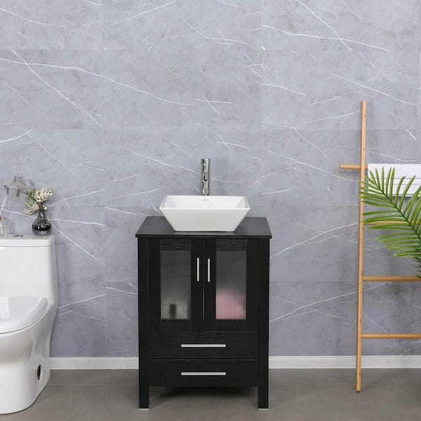 eclife 24 in. W x 20 in. D x 32 in. H Single Sink Bath Vanity in Black with White Ceramic Vessel Sink Top Chrome Faucet Set