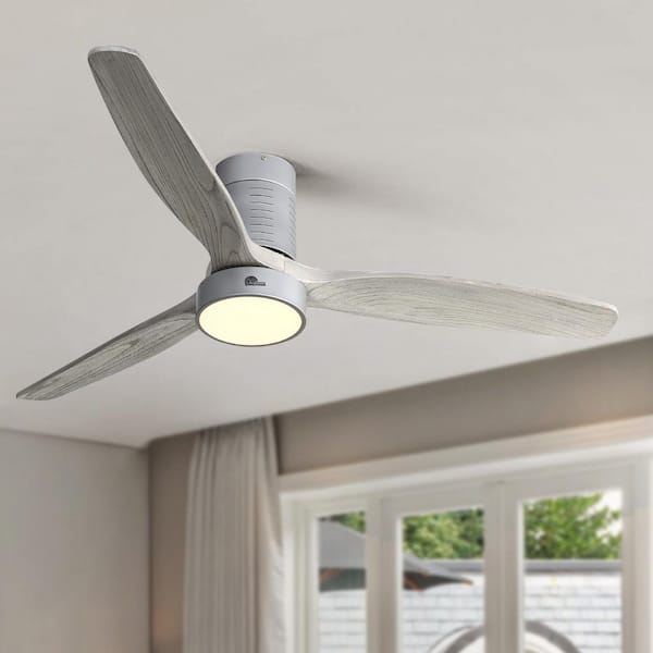 Sofucor 52 in. LED Indoor/Outdoor Flush Mount Silver Ceiling Fan with Grey Wood Blades, 6-Speed DC Remote Control