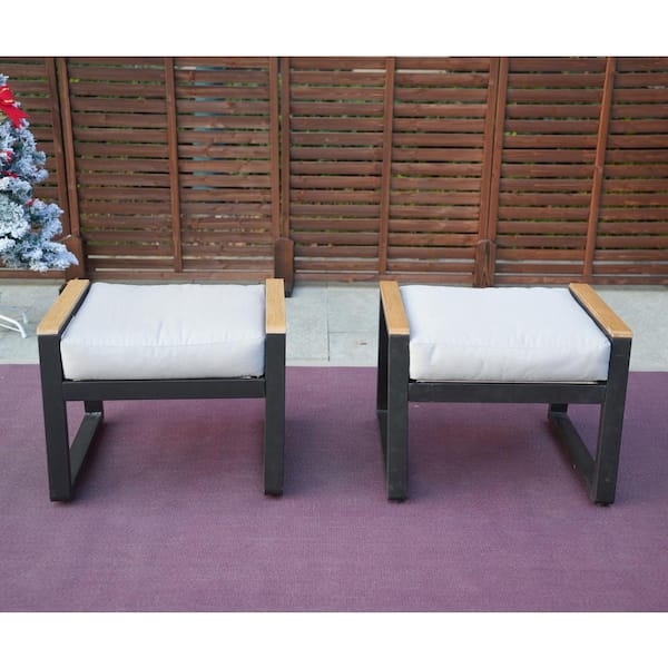Elves 2-Piece Black Aluminum Outdoor Patio Ottoman With Gray Cushion