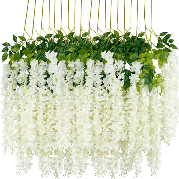 Unbranded White 3.6 in. Artificial Wisteria Vine Branch Dense Hanging Garland Silk Flowers String Home Wedding Decor 12-Pieces