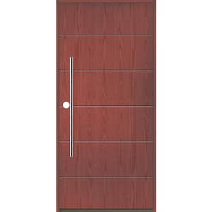 TETON Modern Faux Pivot 36 in. x 80 in. Right-Hand/Inswing Solid Panel Redwood Stain Fiberglass Prehung Front Door