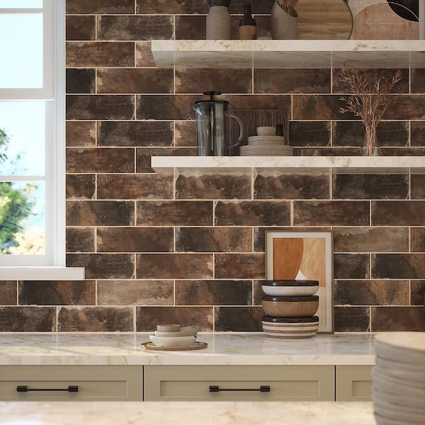 Brown Subway Tile Kitchen Backsplash