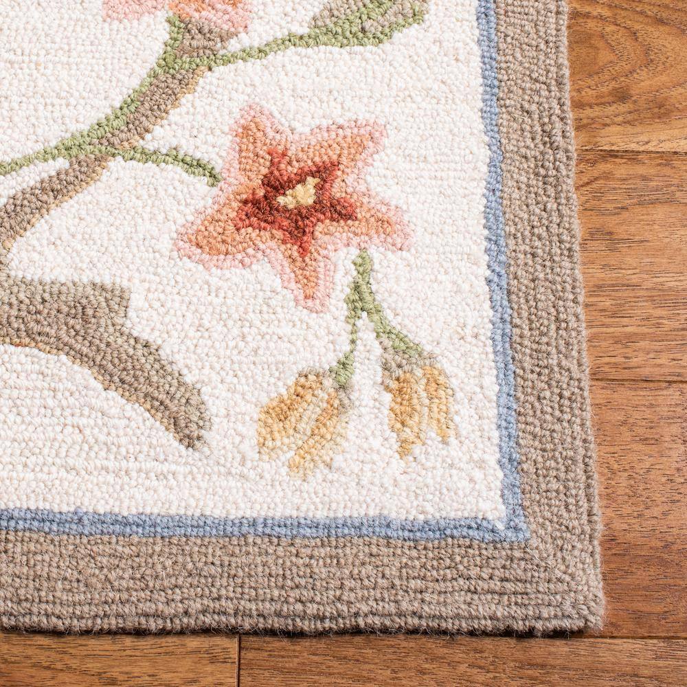 Ivory Floral Hand-Hooked Wool Runner Rug, 2'6" x 8'