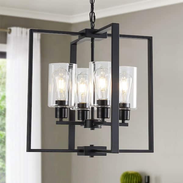 4-Light Black Farmhouse Geometric Chandelier with Glass Shade Pendant Light for Kitchen Island