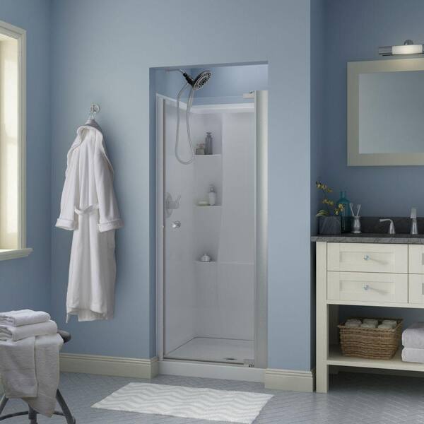 Delta Phoebe 30 in. x 64-3/4 in. Semi-Frameless Contemporary Pivot Shower Door in Nickel with Clear Glass