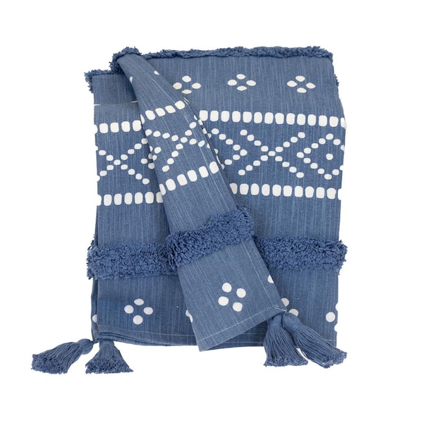 PARKLAND COLLECTION Transitional Stripes and Dots Blue Cotton 50 in. x 60 in. Throw Blanket