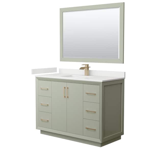 Wyndham Collection Strada 48 in. W x 22 in. D x 35 in. H Single Bath Vanity in Light Green with White Quartz Top and 46 in. Mirror