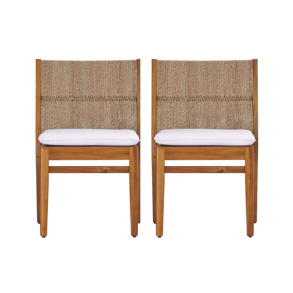 Valorae Patio Teak Finish Wood Outdoor Dining Chairs with White Cushion & Light Brown Wicker Woven Backrest, Set of 2 price history on PriceWatchPro
